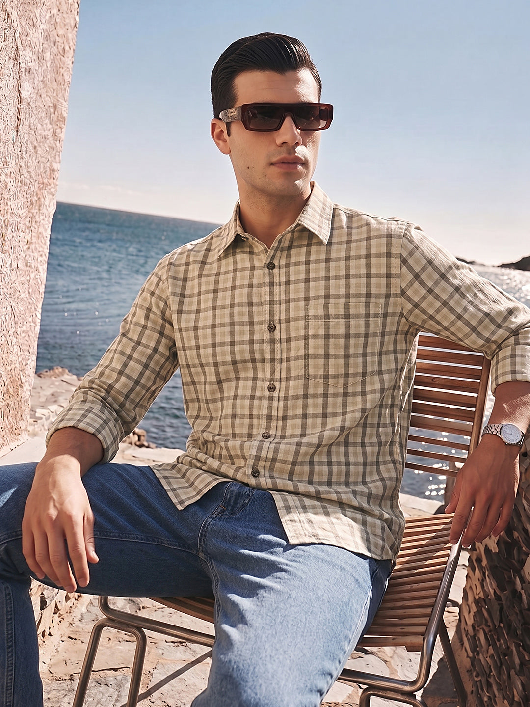 Khaki Premium Slim Fit Graphic Checked Cotton Linen Casual Shirt For Men