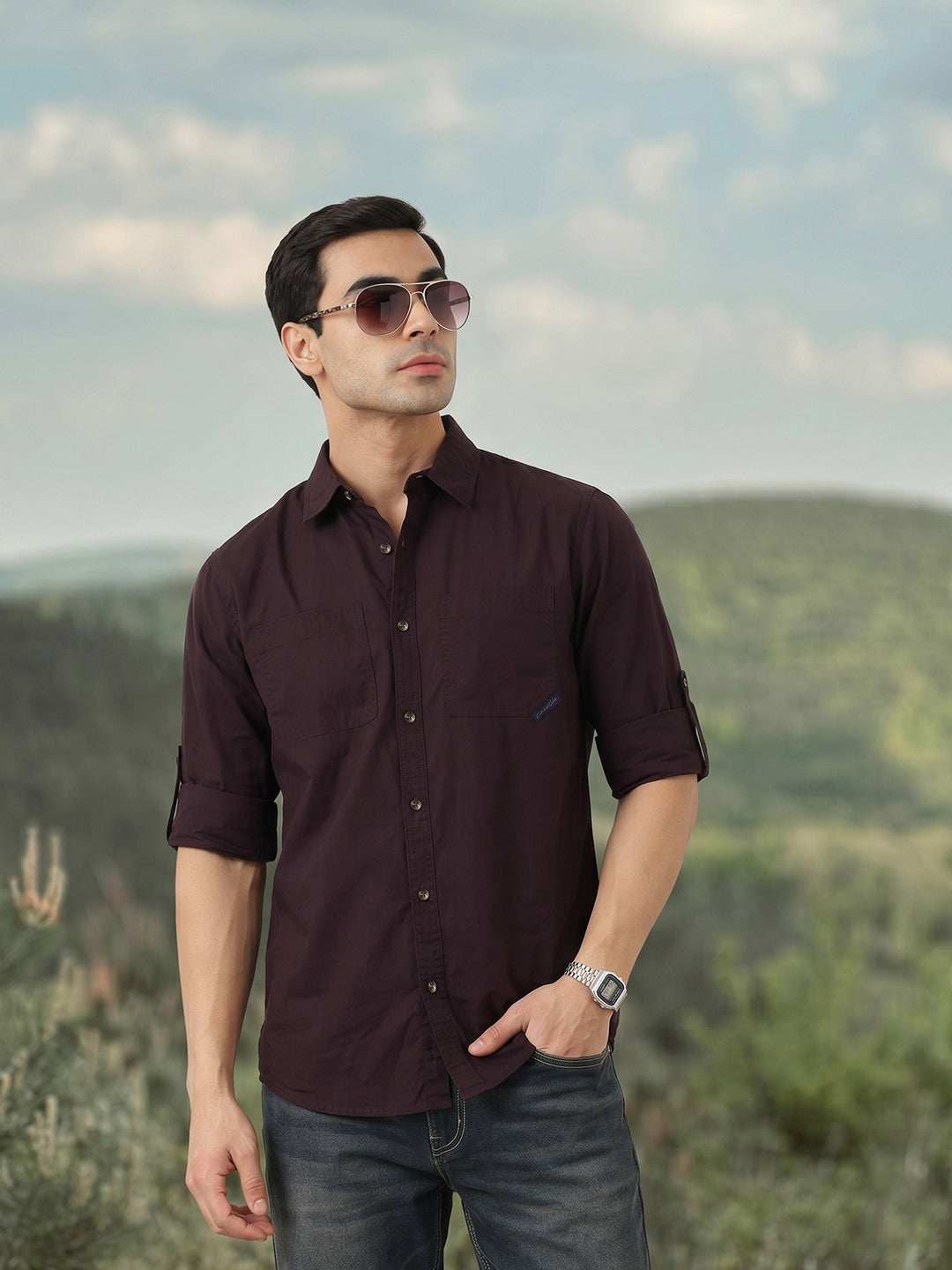 Thomas Scott Men Premium Wine Slim Fit Long Roll-Up Sleeves Spread Collar Solid Cotton Casual Shirts