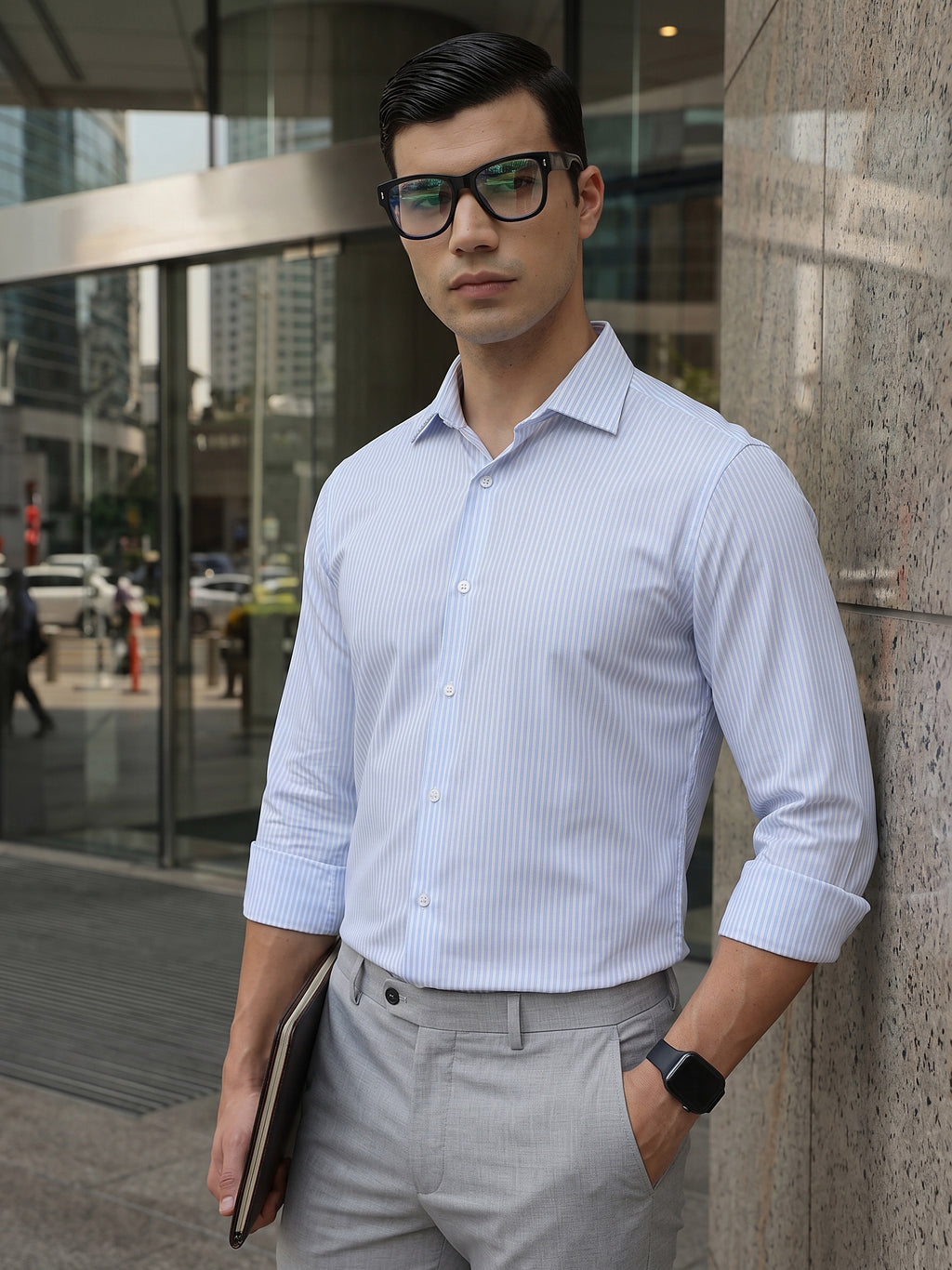 Thomas Scott Men Smart Blue Regular Fit Long Sleeves Semi Cutaway Collar Pinstripes Formal Shirt