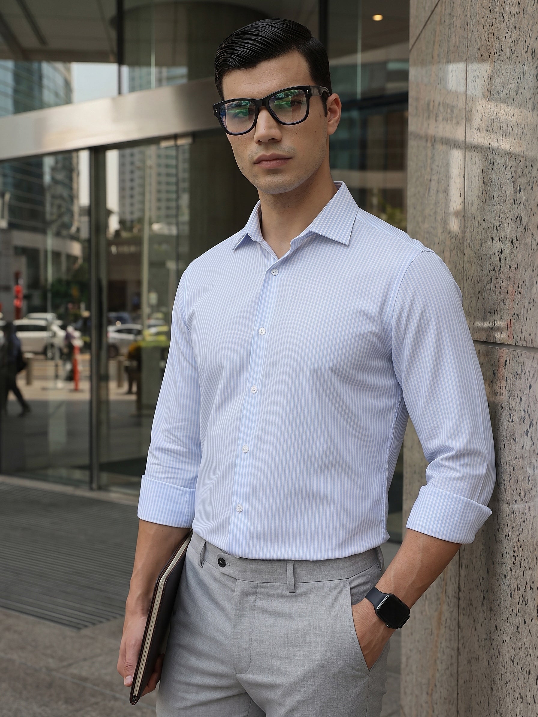 Thomas Scott Men Smart Blue Regular Fit Long Sleeves Semi Cutaway Collar Pinstripes Formal Shirt