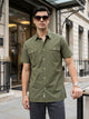 Olive Premium Regular Fit Short Sleeves Spread Collar Textured Casual Shirt For Men