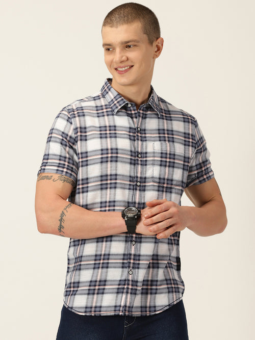 Thomas Scott Men Navy Smart Slim Fit Short Sleeves Tartan Checks Spread Collar Cotton Casual Shirt