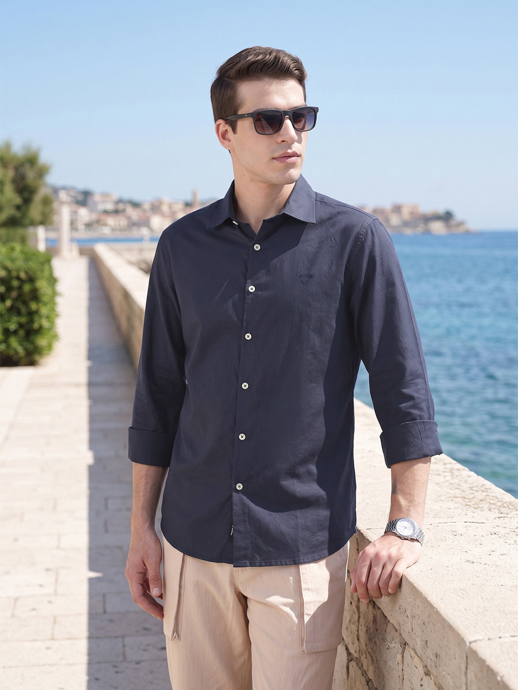 Navy Premium Slim Fit Solid Cotton Casual Shirt For Men