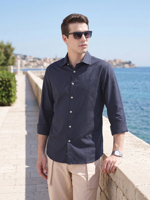 Navy Premium Slim Fit Solid Cotton Casual Shirt For Men