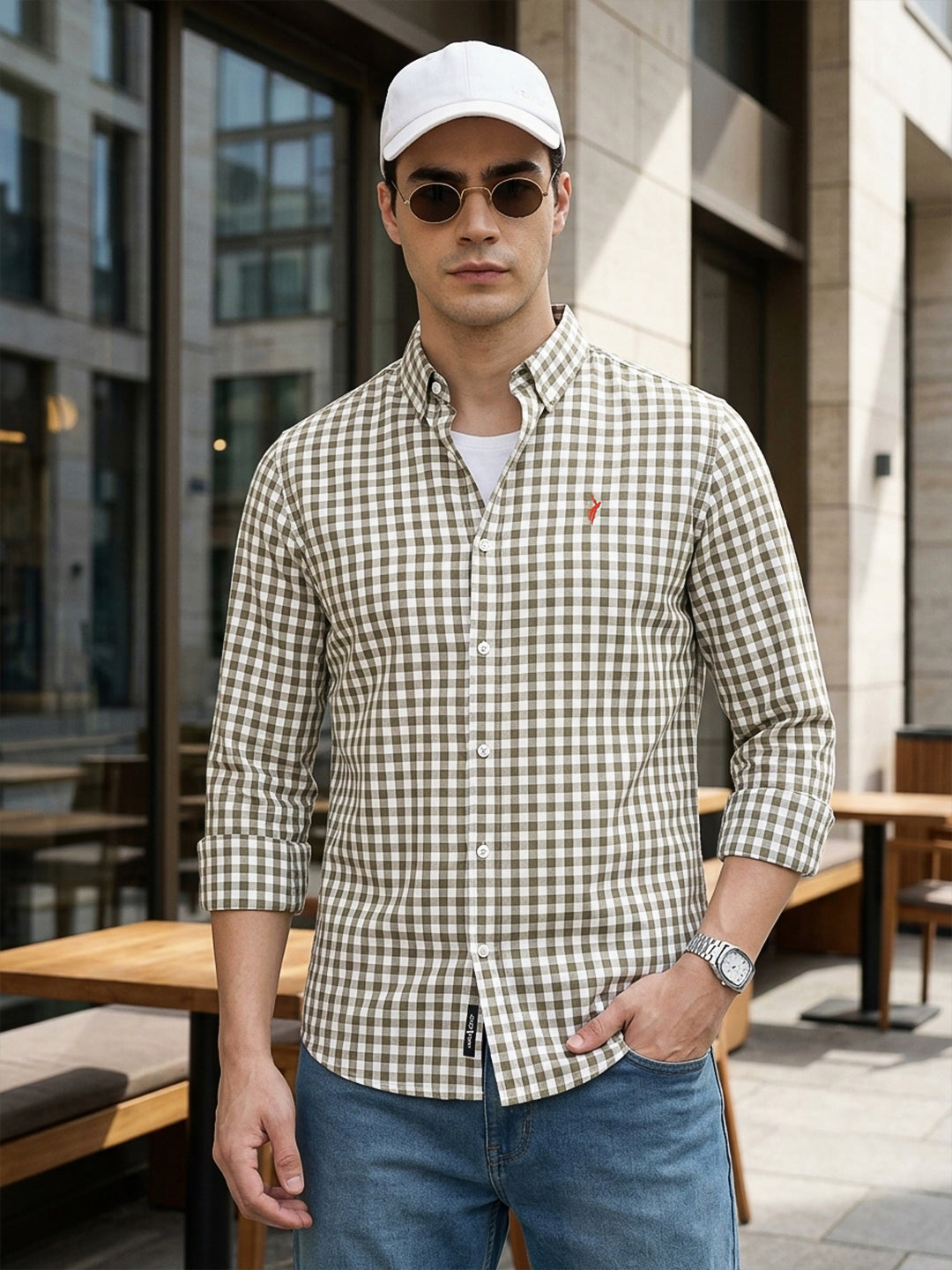 Brown Premium Regular Fit Gingham Checks Cotton Linen Shirt For Men