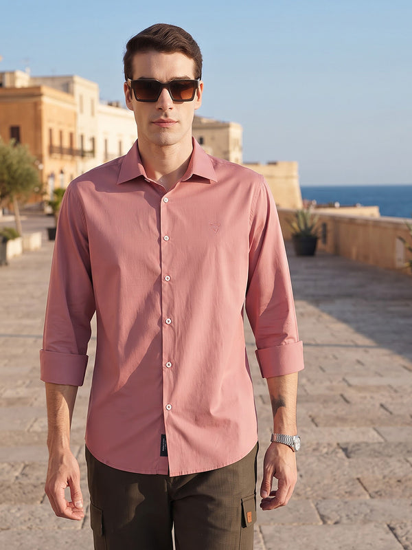 Peach Premium Slim Fit Solid Cotton Casual Shirt For Men