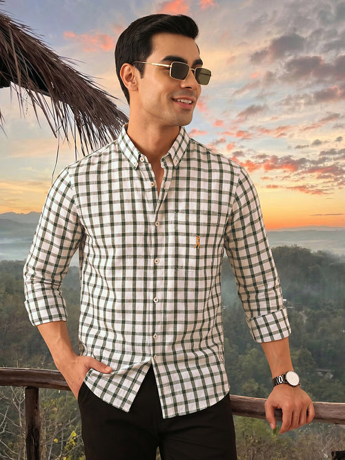 Thomas Scott Men Green Regular Fit Long Sleeves Gingham Checks Button Down Collar Cotton Linen Casual Shirts