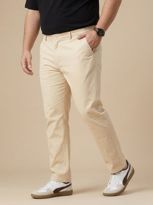 Cream Plus Size Smart Easy Wash Solid Pure Cotton Woven Chinos Trouser For Men