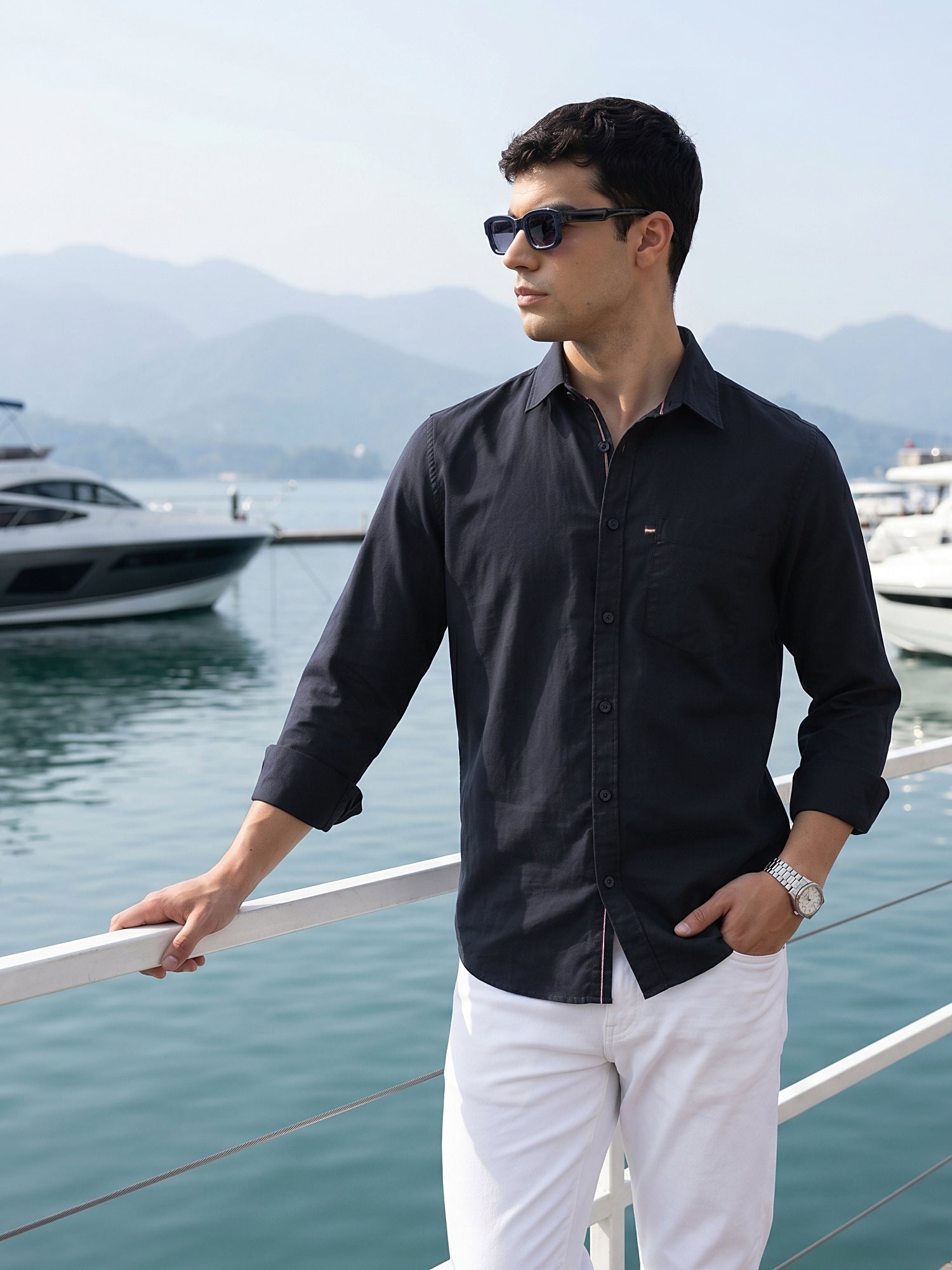 Thomas Scott Men Relaxed Navy Slim Fit Long Sleeves Spread Collar Solid Cotton Casual Shirt