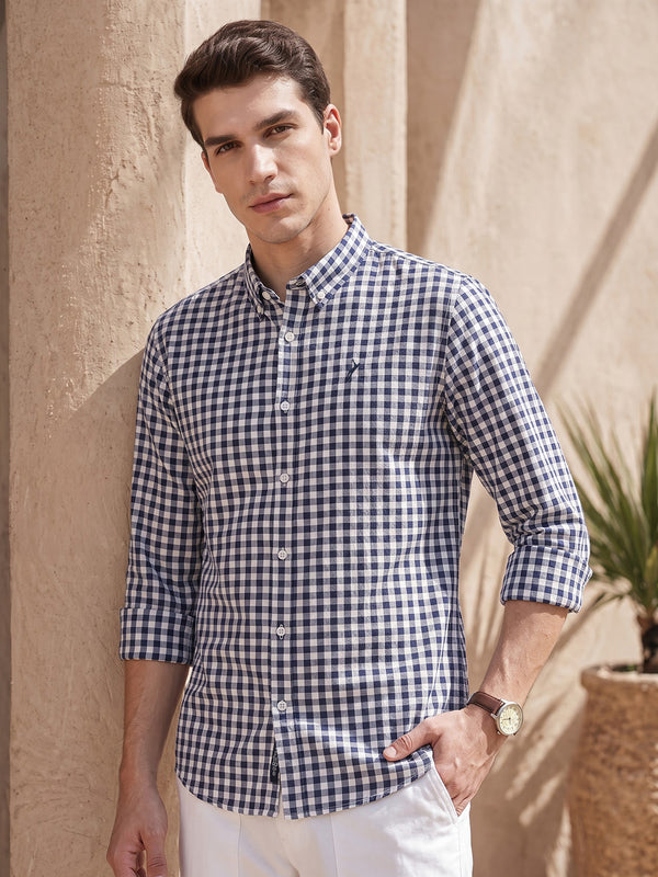 Navy Premium Regular Fit Gingham Checks Cotton Linen Shirt For Men