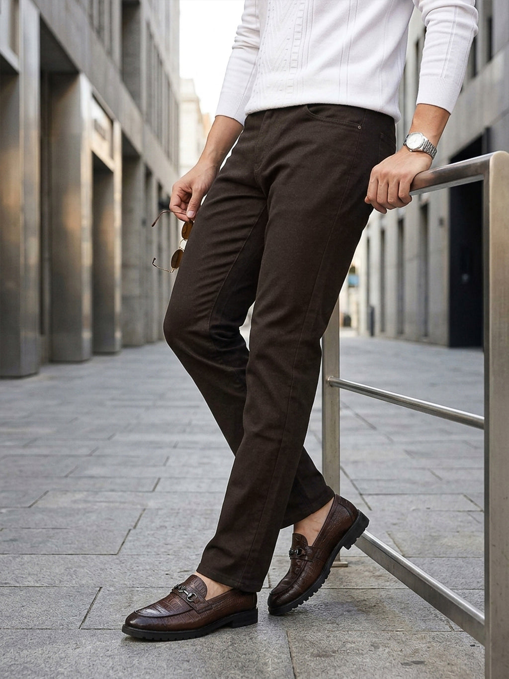 Brown Smart Straight Fit Mid-Rise Solid Woven Trouser For Men