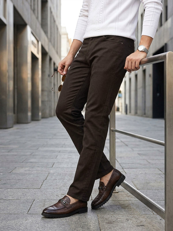 Brown Smart Straight Fit Mid-Rise Solid Woven Trouser For Men