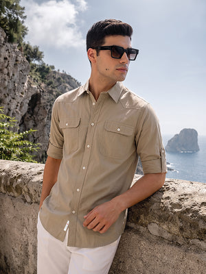 Beige Roll-Up Sleeve Regular Fit Spread Collar Textured Cotton Casual Shirt For Men