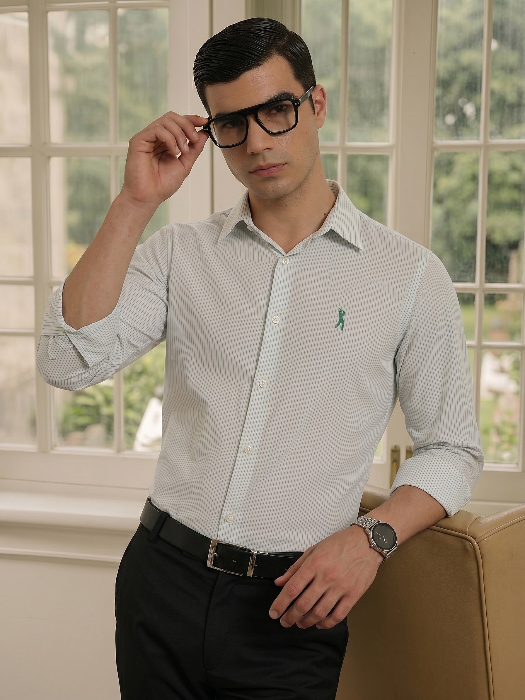 Thomas Scott Men Premium Green Regular Fit Vertical Striped Cotton Formal Shirt with Spread Collar & Full Sleeves