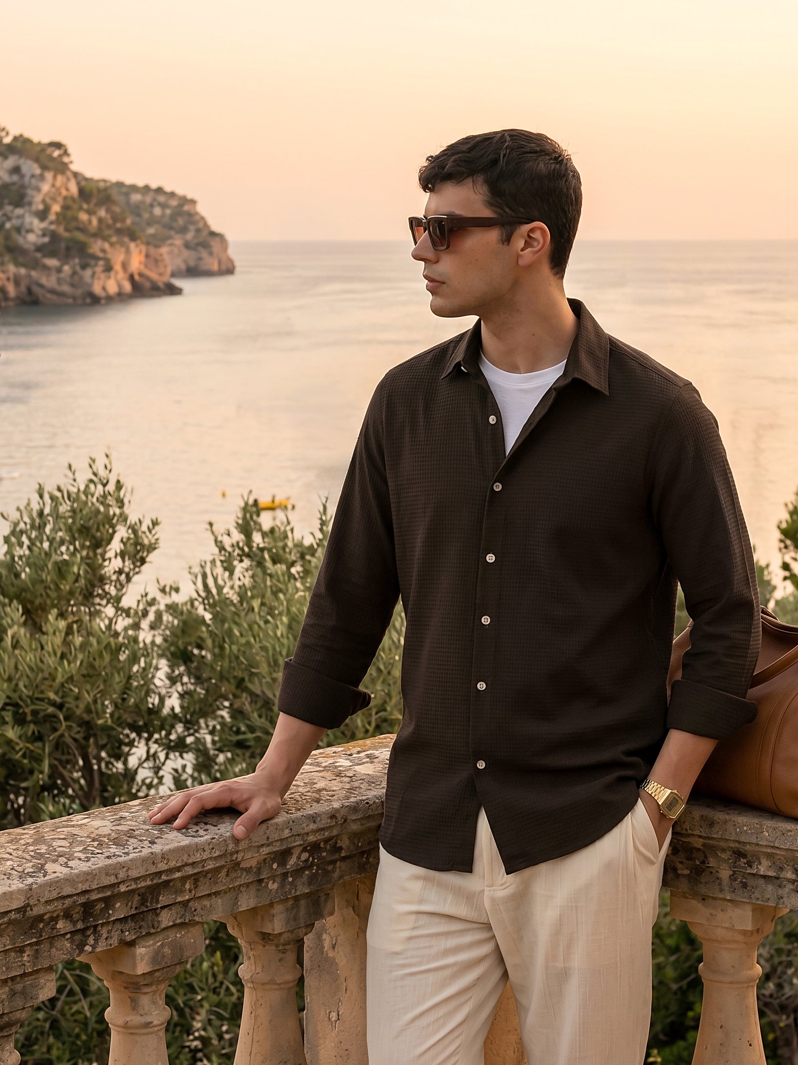 Thomas Scott Men Premium Brown Regular Fit Long Sleeves Spread Collar Textured Casual Shirt