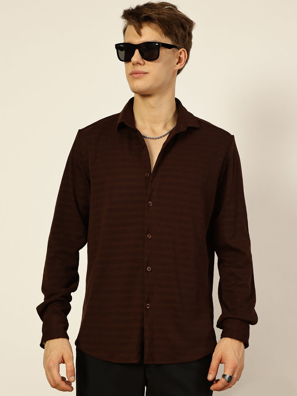 Thomas Scott Men Brown Premium Regular Fit Long Sleeves Spread Collar Textured Casual Shirt