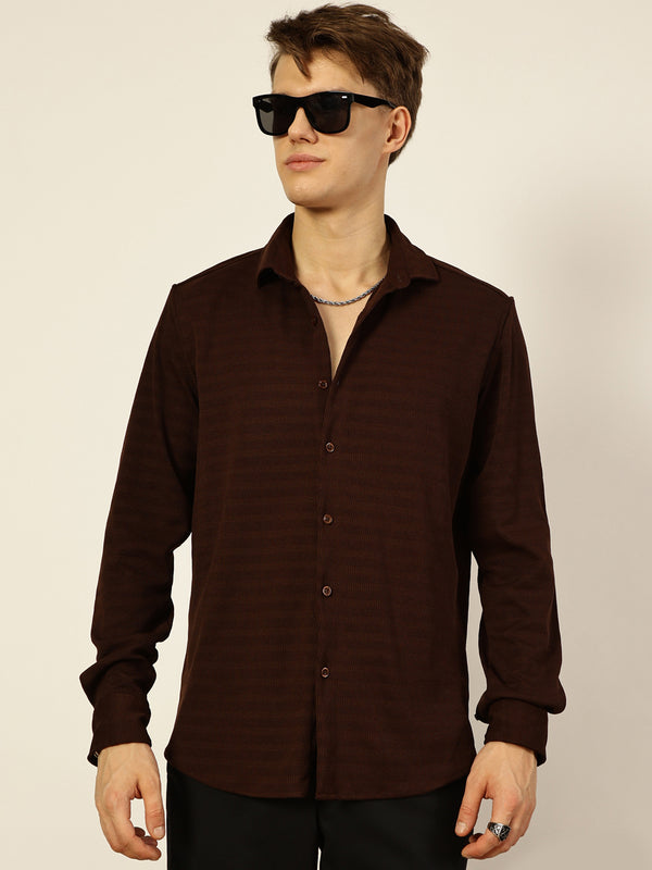 Thomas Scott Men Brown Premium Regular Fit Long Sleeves Spread Collar Textured Casual Shirt