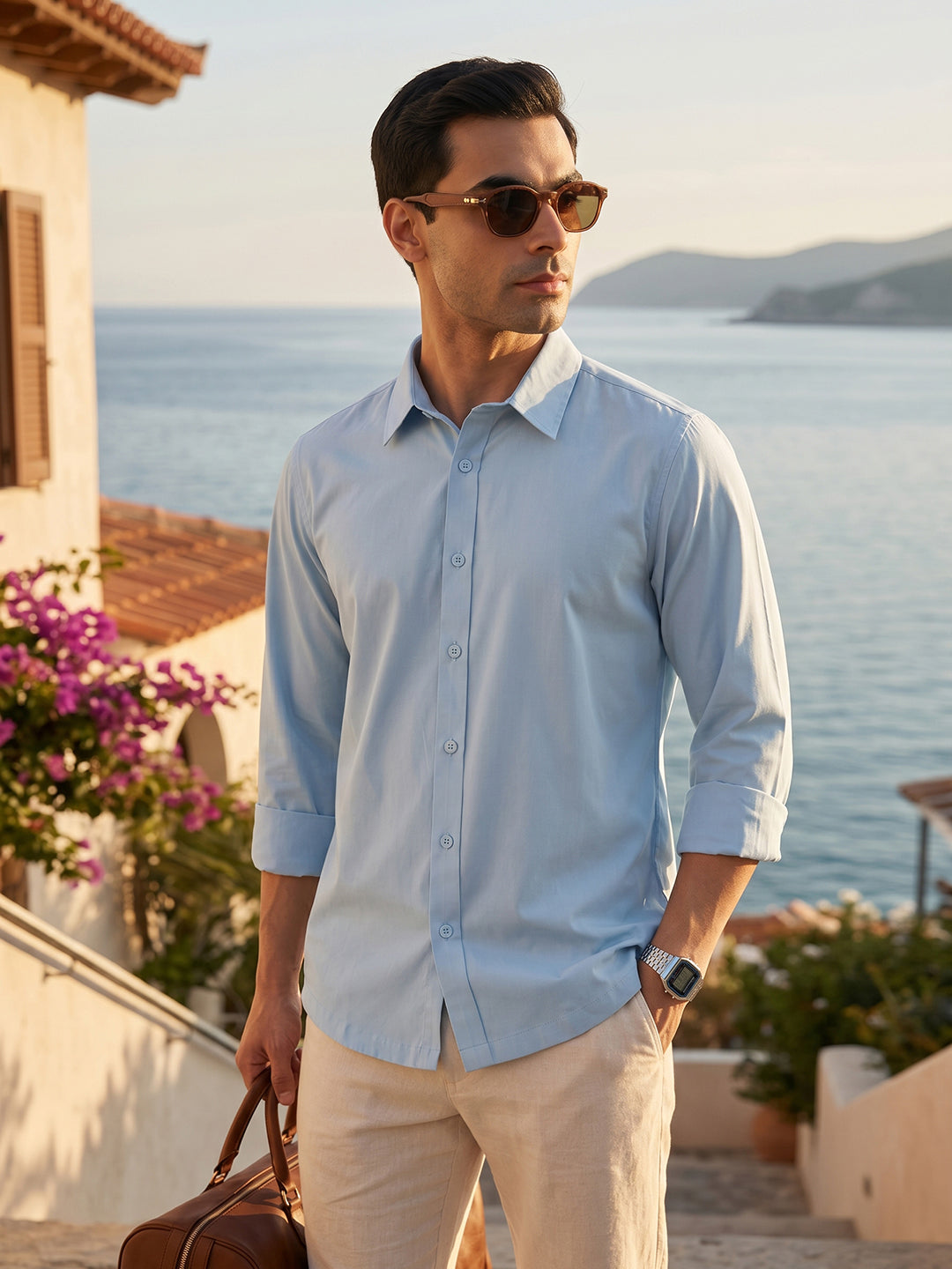Thomas Scott Men Premium Sky Blue Slim Fit Long Sleeves Spread Collar Solid Casual Shirt