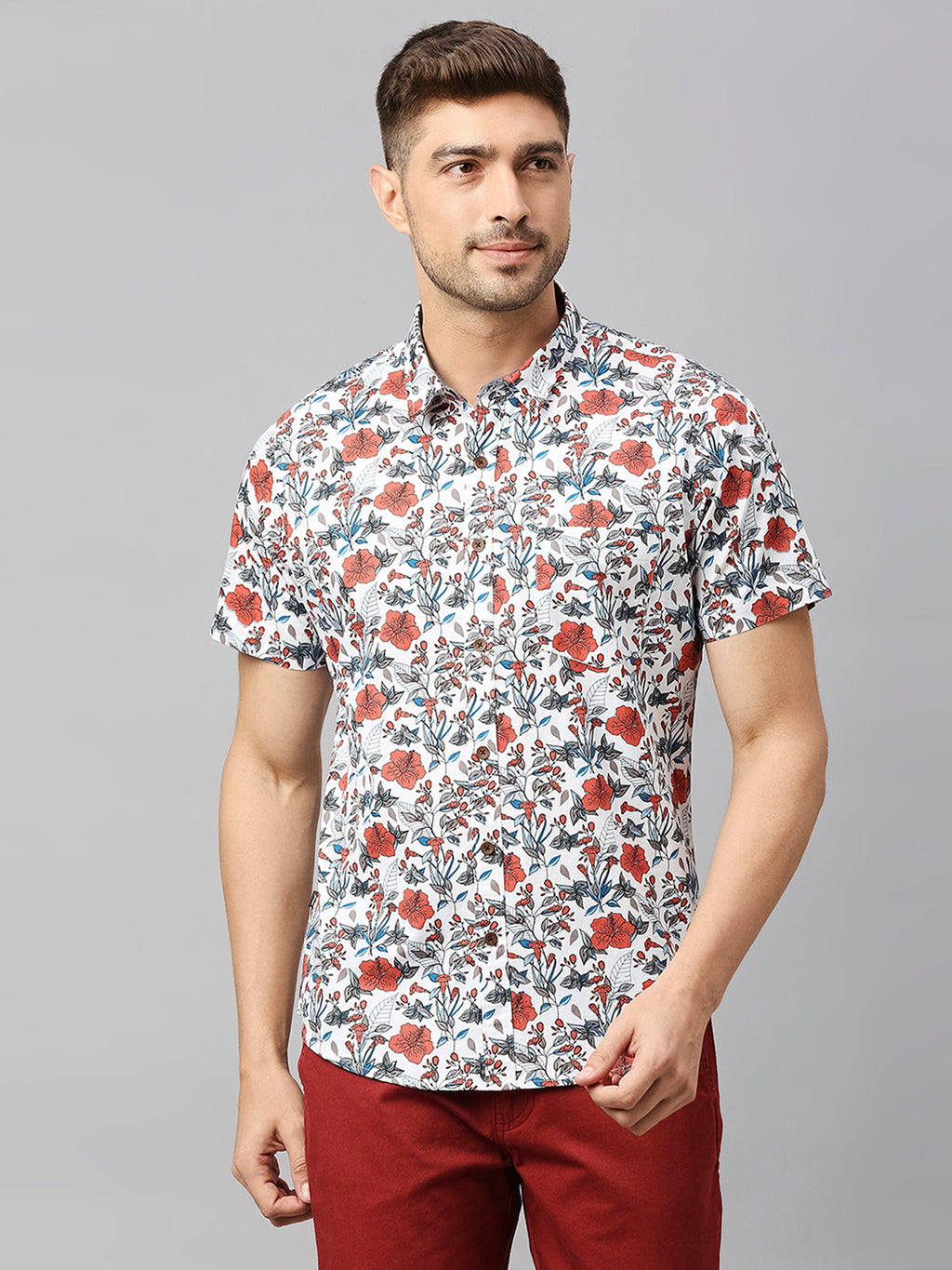 Thomas Scott Men White 2 Classic Short Sleeves Slim Fit Spread Collar Floral Printed Cotton Casual Shirt