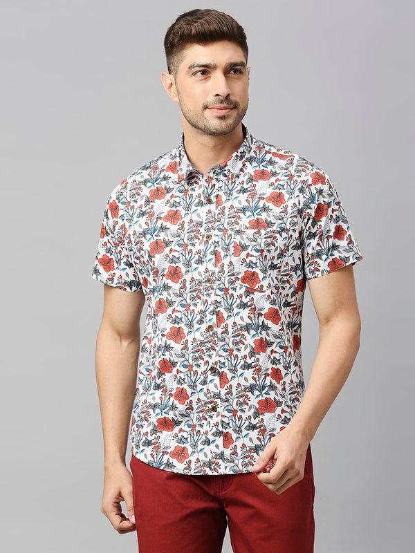 White 2 Classic Short Sleeves Slim Fit Spread Collar Floral Printed Cotton Casual Shirt For Men