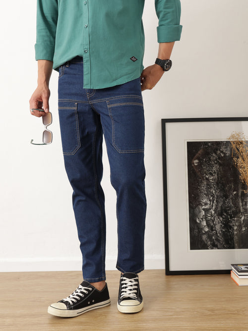 Thomas Scott Men Dark Blue Carrot Fit Mid-Rise Medium Shade Clean Look Stretchable Jeans
