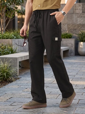 Black Smart Easy Wash Relaxed Fit Mid-Rise Solid Woven Cargo Trouser For Men