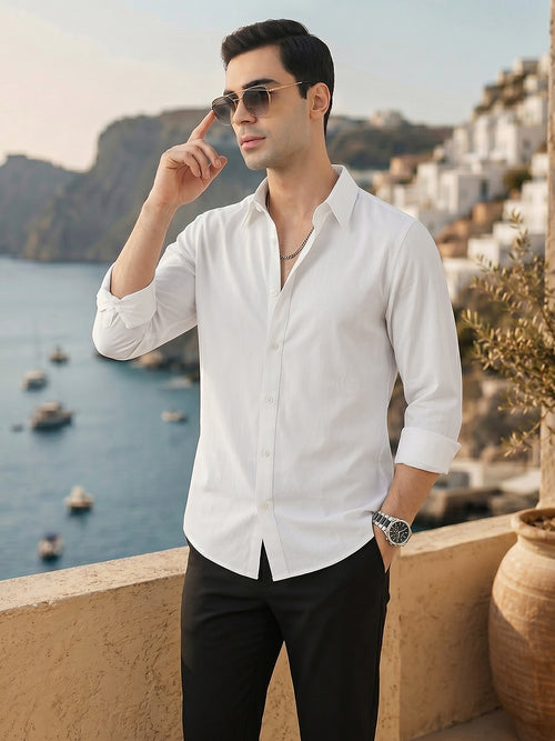Thomas Scott Men Premium White Slim Fit Long Sleeves Spread Collar Solid Casual Shirt