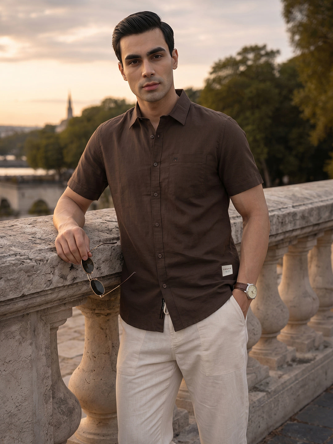 Thomas Scott Men Classic Brown Slim Fit Short Sleeves Spread Collar Solid Cotton Linen Casual Shirt