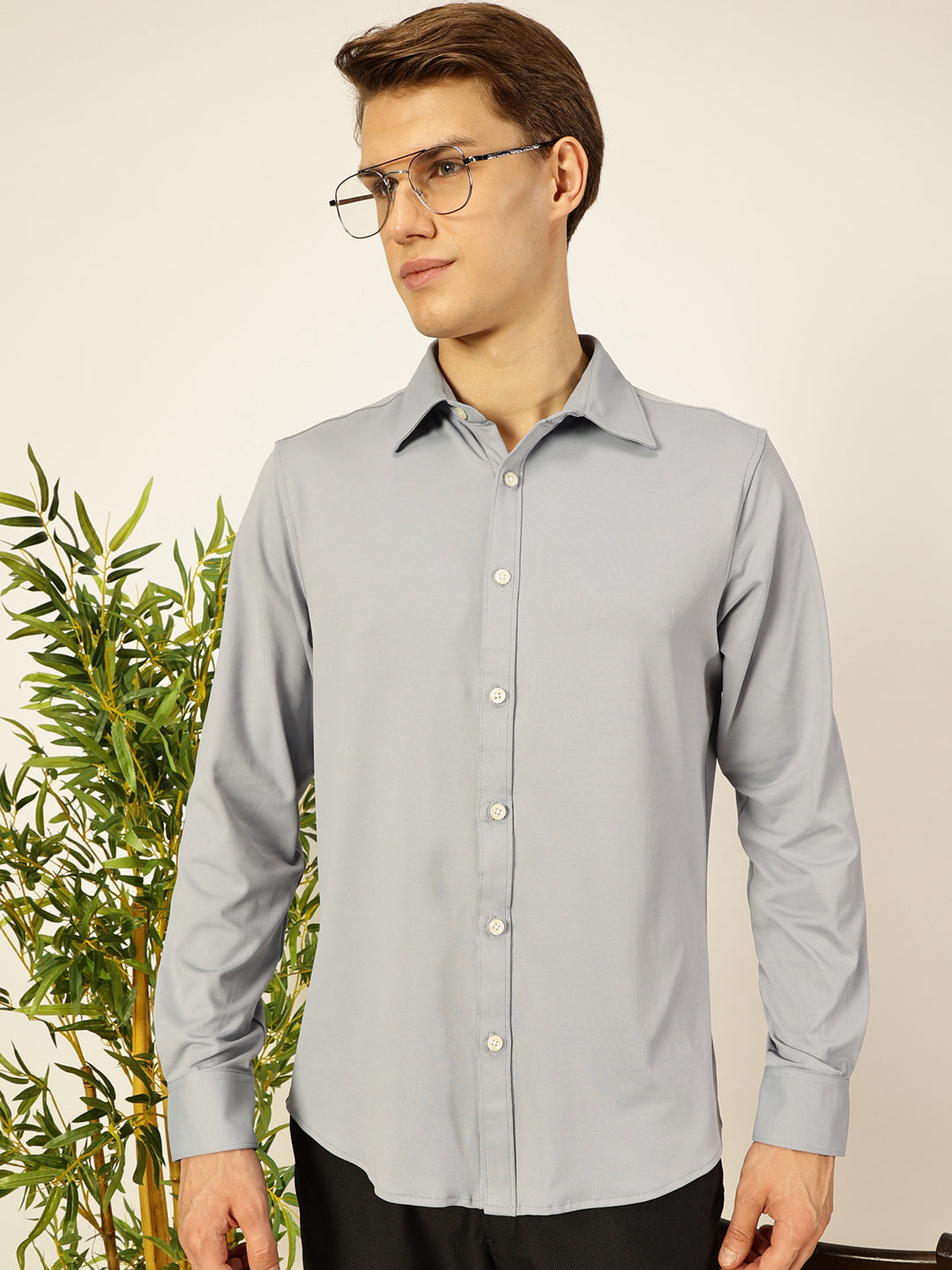 Thomas Scott Men Grey Premium Long Sleeves Slim Fit Spread Collar Solid Knitted Casual Shirt