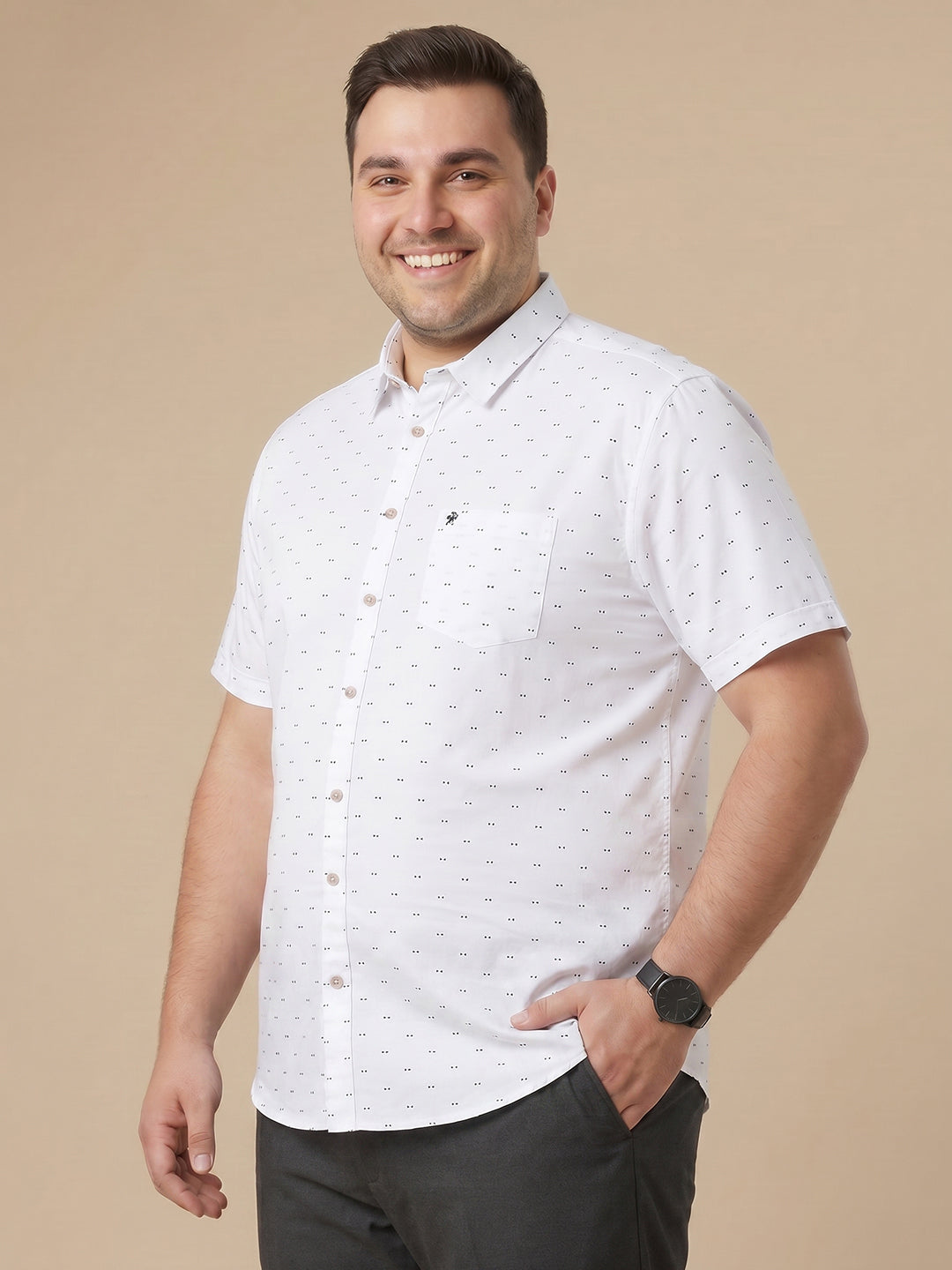 Pure White 1 Plus Size Regular Fit Micro Ditsy Printed Spread Collar 100% Cotton Casual Shirt For Men