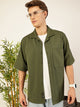 Thomas Scott Men Olive Premium Short Sleeves Regular Fit Cuban Collar Textured Cotton Twill Shirt