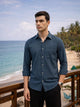 Teal Blue Premium Regular Fit Long Sleeves Spread Collar Textured Cotton Casual Shirt For Men