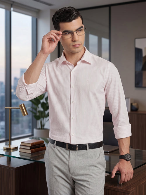 Thomas Scott Men Premium Pink Vertical Stripes Cotton Formal Shirt with Spread Collar & Full Sleeves