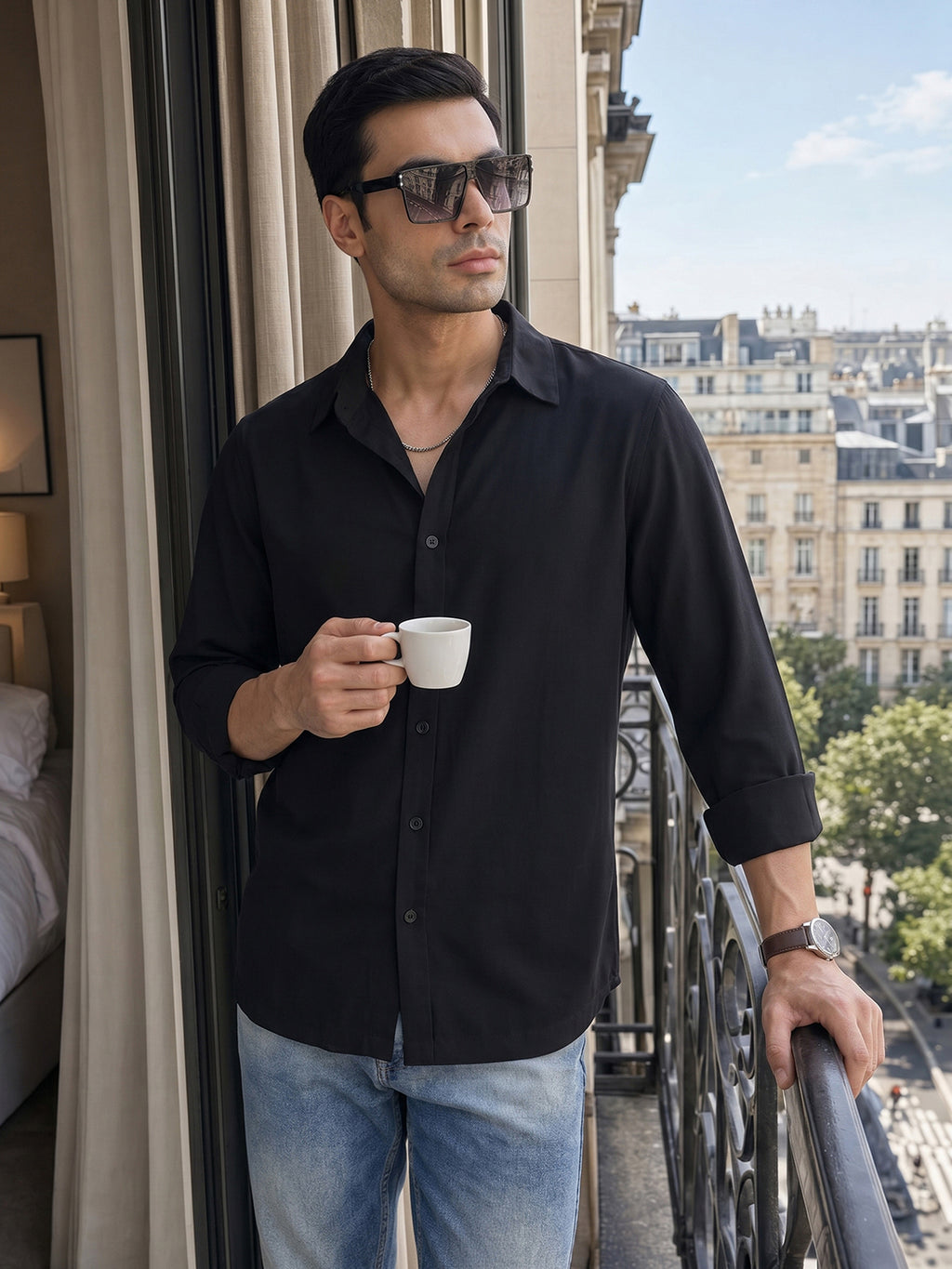 Thomas Scott Men Premium Black Slim Fit Long Sleeves Spread Collar Solid Casual Shirt