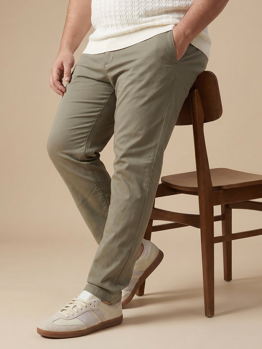 Thomas Scott Men Olive1 Plus Size Regular Fit Mid-Rise Solid Cotton Woven Chinos Trouser
