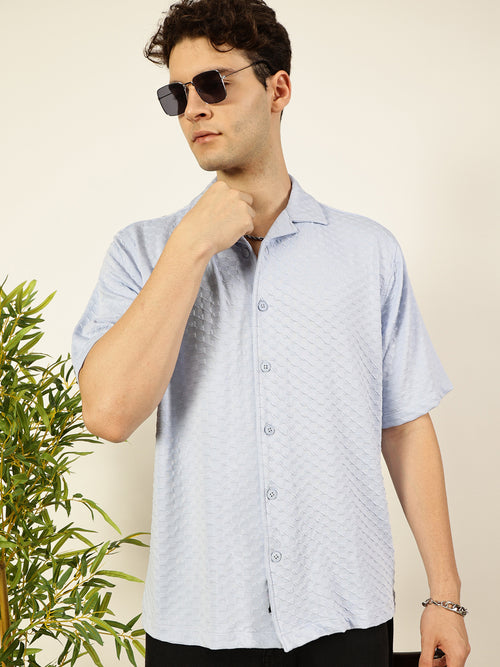 Thomas Scott Men Sky Blue Premium Short Sleeves Relaxed Fit Cuban Collar Textured Cotton Casual Shirt