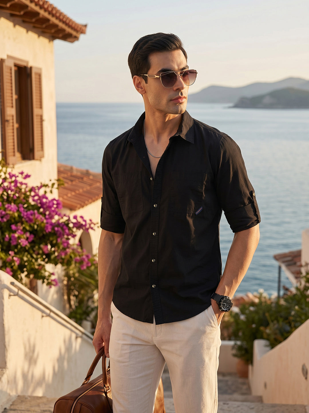 Thomas Scott Men Black Premium Slim Fit Long Roll-Up Sleeves Spread Collar Solid Cotton Casual Shirts