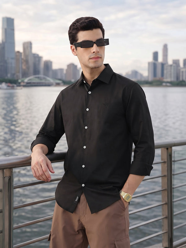 Black Premium Slim Fit Solid Cotton Casual Shirt For Men