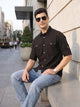 Black Roll-Up Sleeve Regular Fit Spread Collar Textured Cotton Casual Shirt For Men