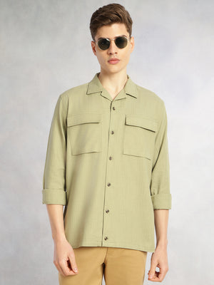Thomas Scott Men Green Oversize Fit Long Sleeves Cuban Collar Cotton Casual Shirt with Dual Flap Pockets