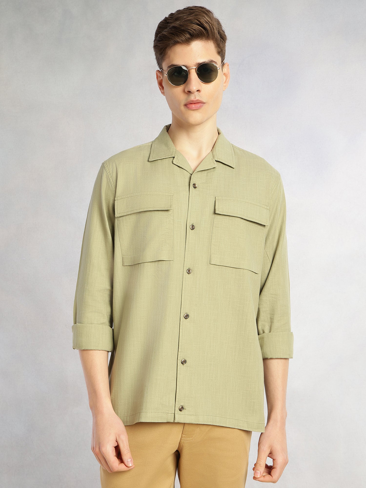 Thomas Scott Men Green Oversize Fit Long Sleeves Cuban Collar Cotton Casual Shirt with Dual Flap Pockets