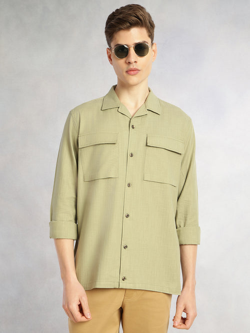 Thomas Scott Men Green Oversize Fit Long Sleeves Cuban Collar Cotton Casual Shirt with Dual Flap Pockets