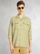 Thomas Scott Men Green Oversize Fit Long Sleeves Cuban Collar Cotton Casual Shirt with Dual Flap Pockets