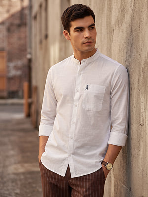 White Slim Fit Long Sleeves Mandarin Collar Solid Cotton Linen Casual Shirt For Men