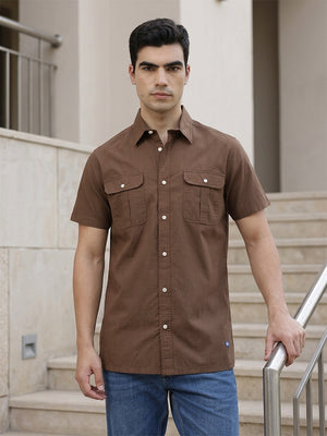 Brown Premium Regular Fit Short Sleeves Spread Collar Textured Casual Shirt For Men