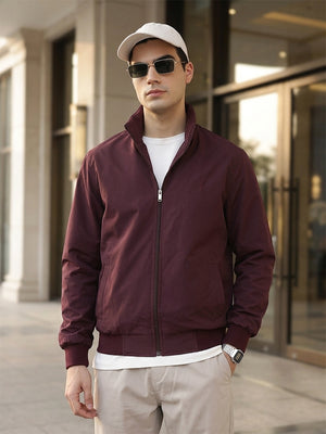 Burgundy Regular Fit Solid Full Sleeves Stand Collar Zip-Front Casual Bomber Jacket For Men