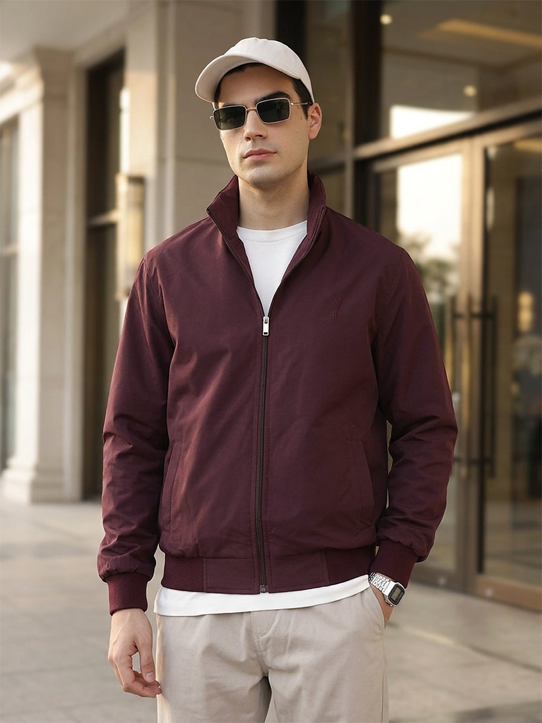 Burgundy Regular Fit Solid Full Sleeves Stand Collar Zip-Front Casual Bomber Jacket For Men
