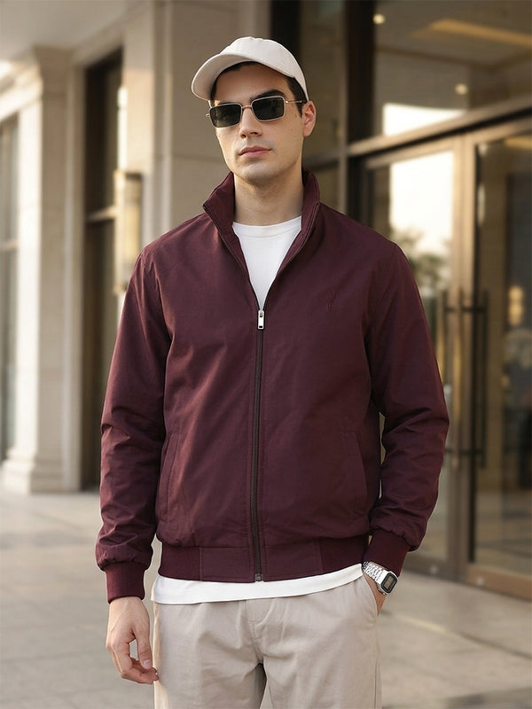 Burgundy Regular Fit Solid Full Sleeves Stand Collar Zip-Front Casual Bomber Jacket For Men