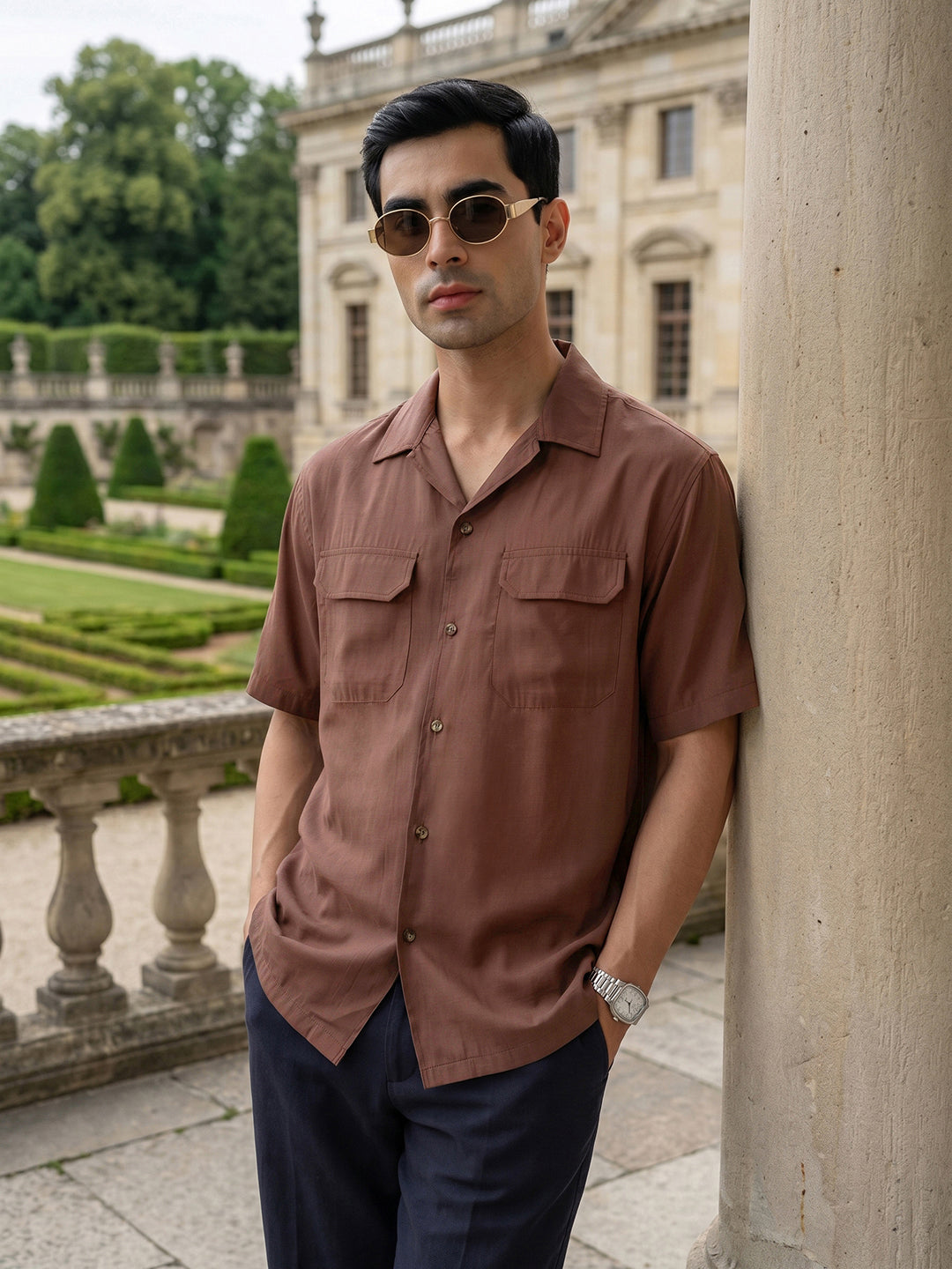 Thomas Scott Men Premium Rust Oversize Fit Short Sleeves Cuban Collar Textured Casual Shirt