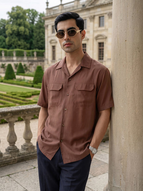Thomas Scott Men Premium Rust Oversize Fit Short Sleeves Cuban Collar Textured Casual Shirt